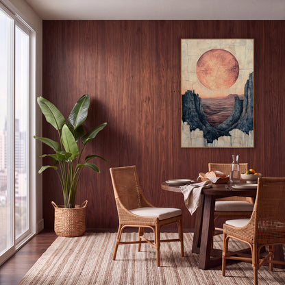 Terracotta Moon Desert Canyon Boho wall art in a warm boho-style room – large terracotta moon above a desert valley