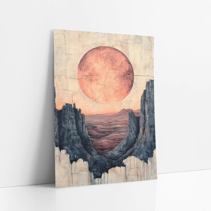 Terracotta Moon Desert Canyon Boho art print leaning against a white wall – large terracotta moon above a desert valley