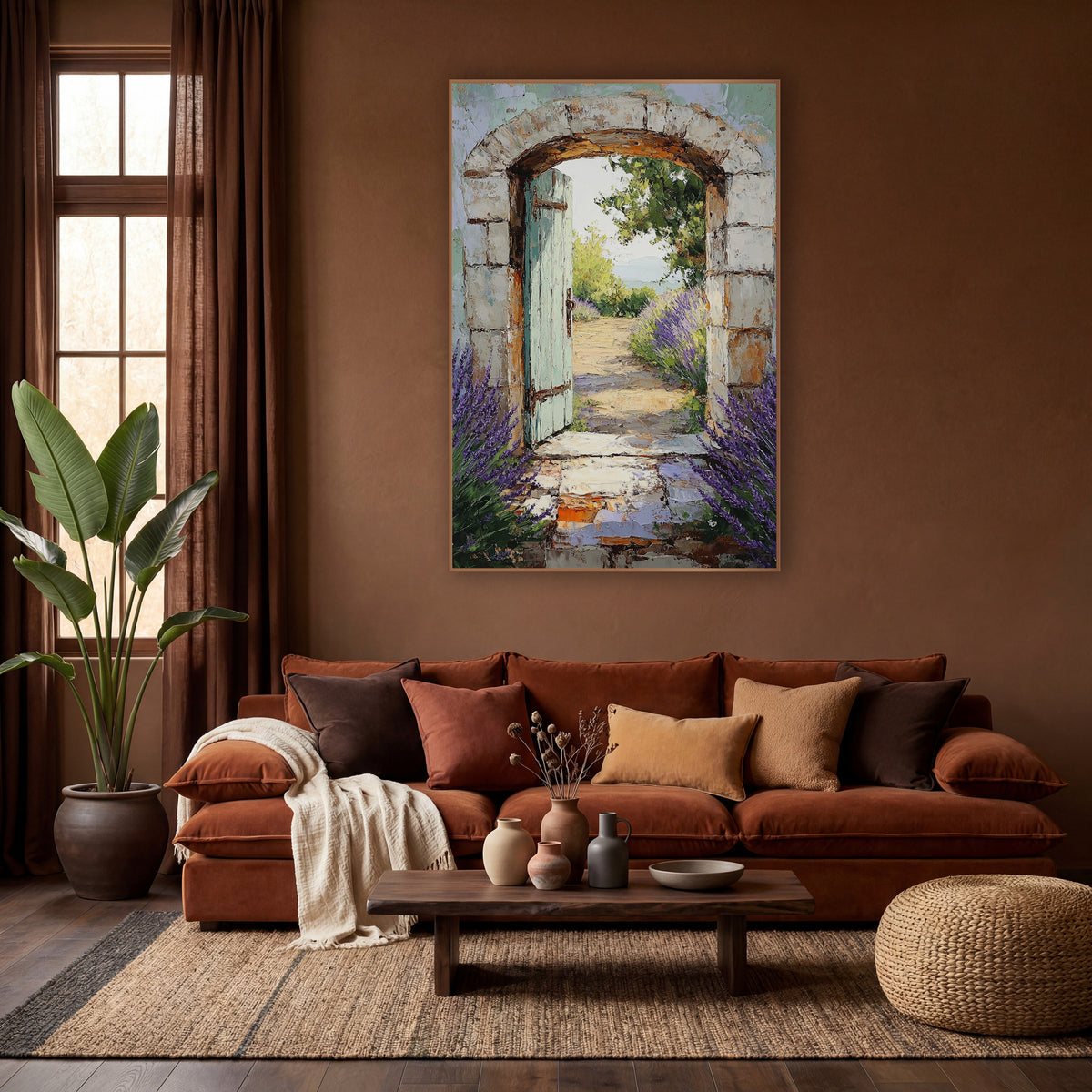Single Door Seaview Lavender Painterly wall art in a warm boho-style room – open pale green door in a stone archway