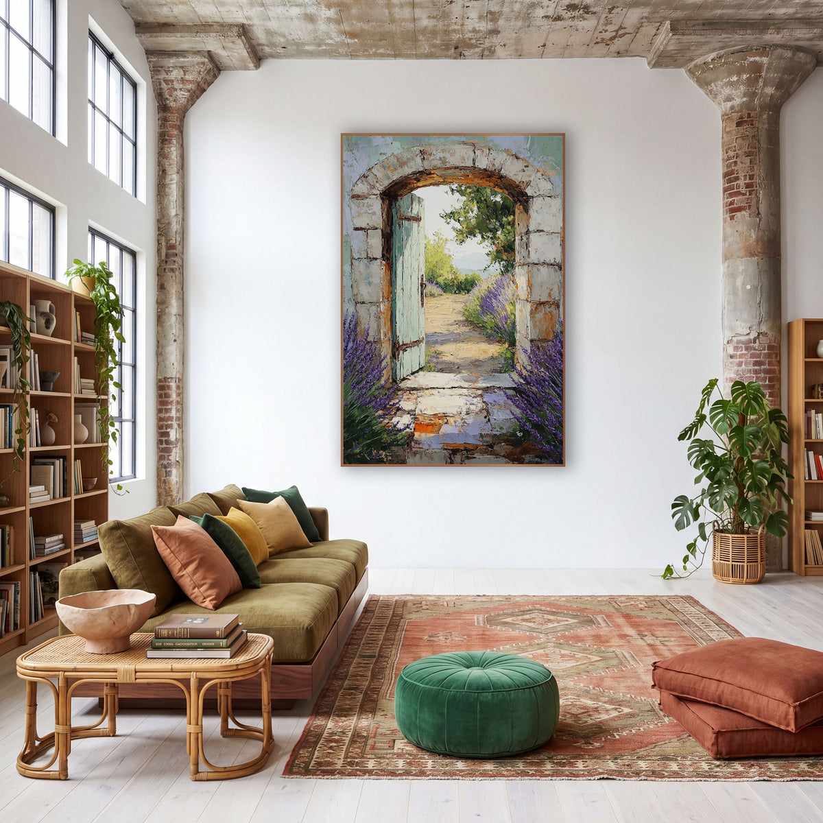 Single Door Seaview Lavender Painterly wall art in a warm boho-style room – open pale green door in a stone archway