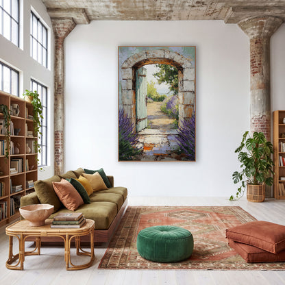 Single Door Seaview Lavender Painterly wall art in a warm boho-style room – open pale green door in a stone archway