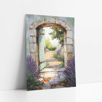 Single Door Seaview Lavender Painterly art print leaning against a white wall – open pale green door in a stone archway