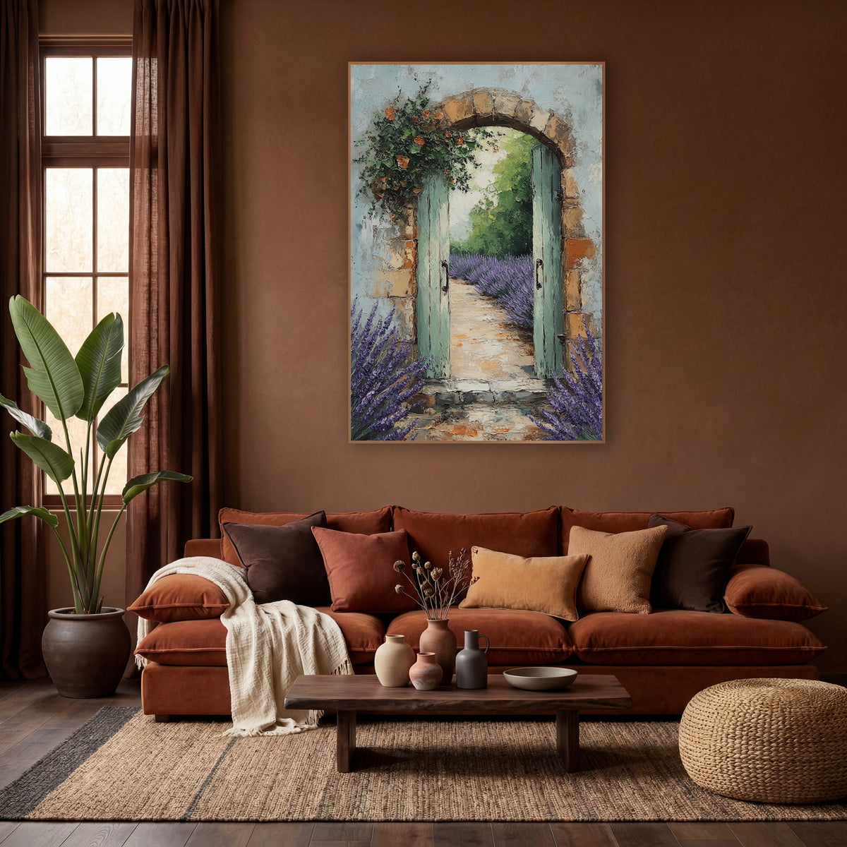 Blooming Arch Lavender Row Rustic wall art in a warm boho-style room – open sage green garden gate in a stone arch