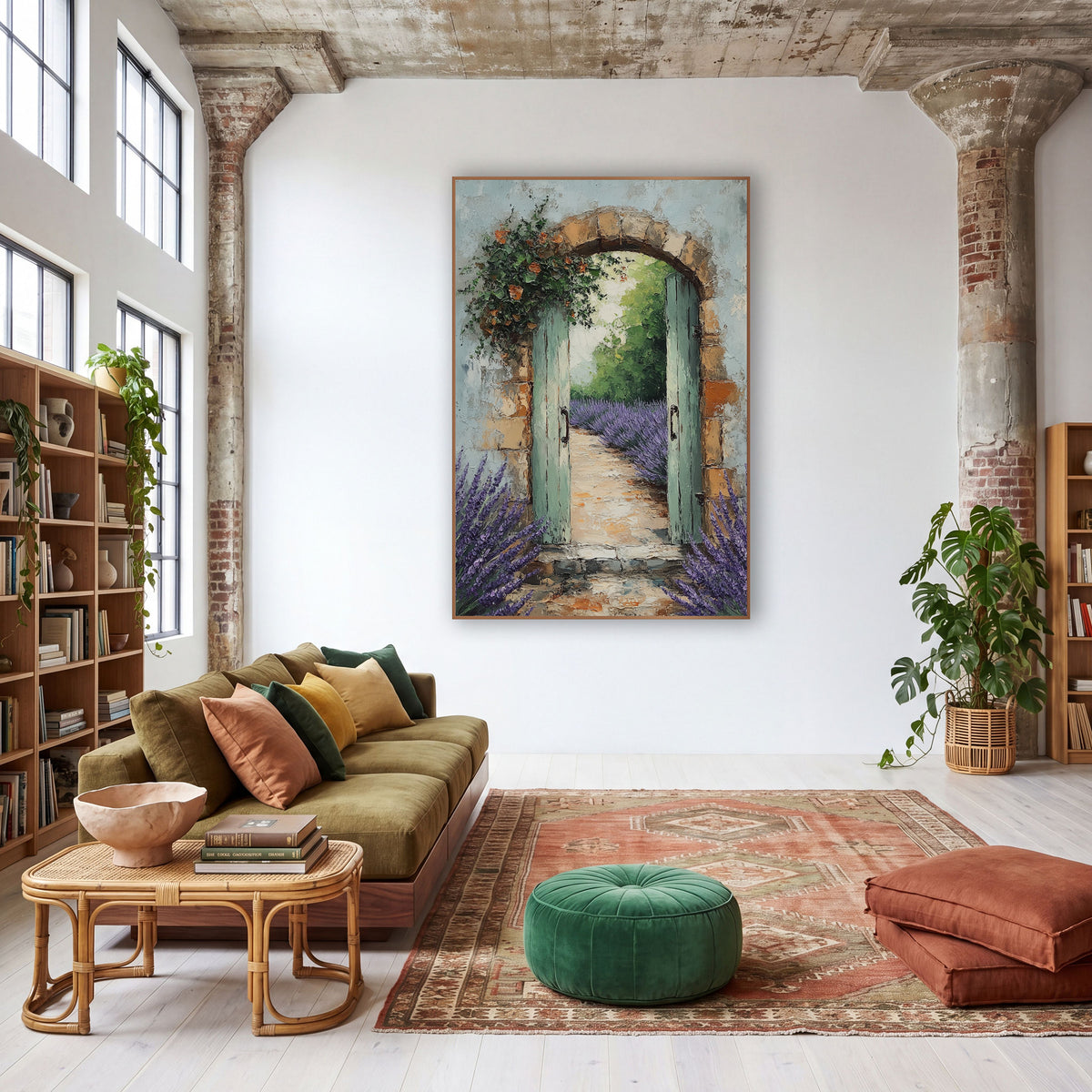 Blooming Arch Lavender Row Rustic wall art in a warm boho-style room – open sage green garden gate in a stone arch