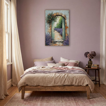 Blooming Arch Lavender Row Rustic wall art in a warm boho-style room – open sage green garden gate in a stone arch