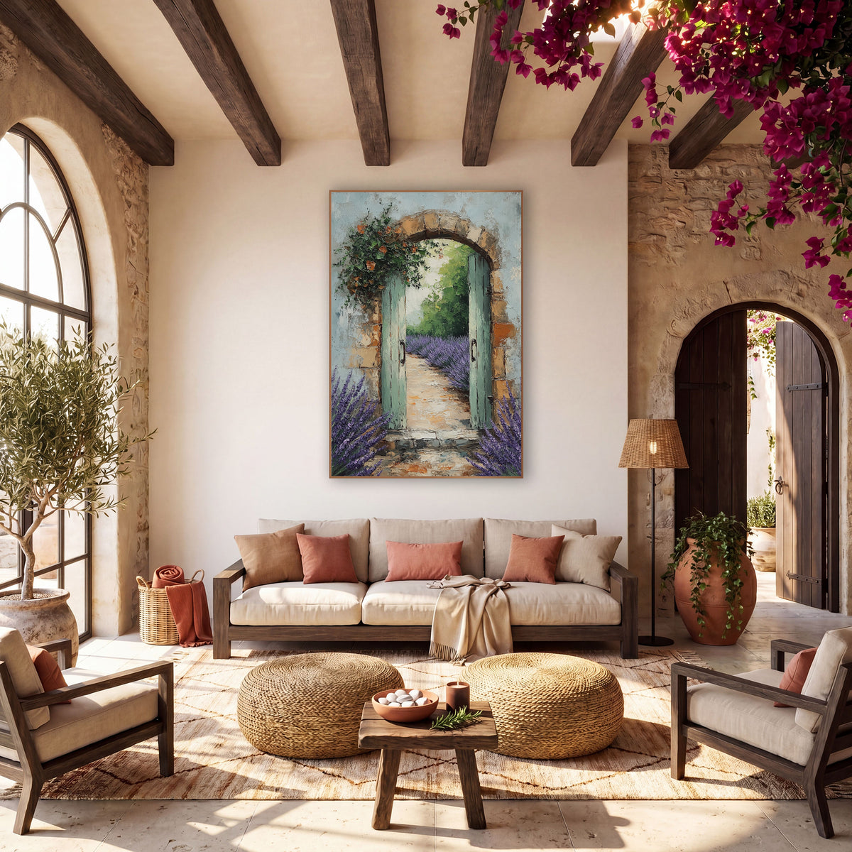 Blooming Arch Lavender Row Rustic wall art in a warm boho-style room – open sage green garden gate in a stone arch