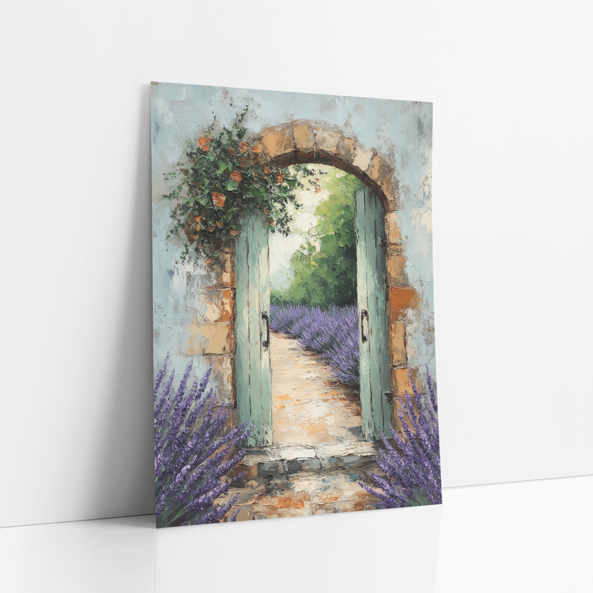 Blooming Arch Lavender Row Rustic art print leaning against a white wall – open sage green garden gate in a stone arch