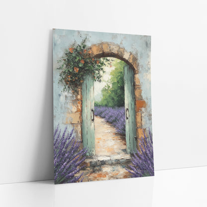 Blooming Arch Lavender Row Rustic art print leaning against a white wall – open sage green garden gate in a stone arch