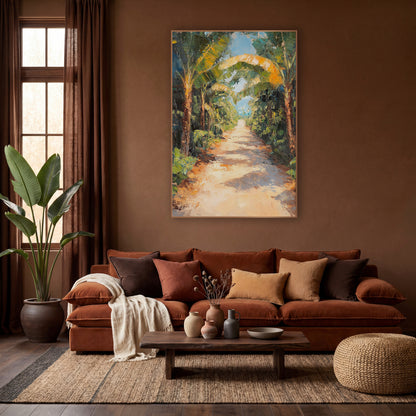 Sunlit Banana Grove Path Tropical wall art in a warm boho-style room – sandy path winding between banana trees