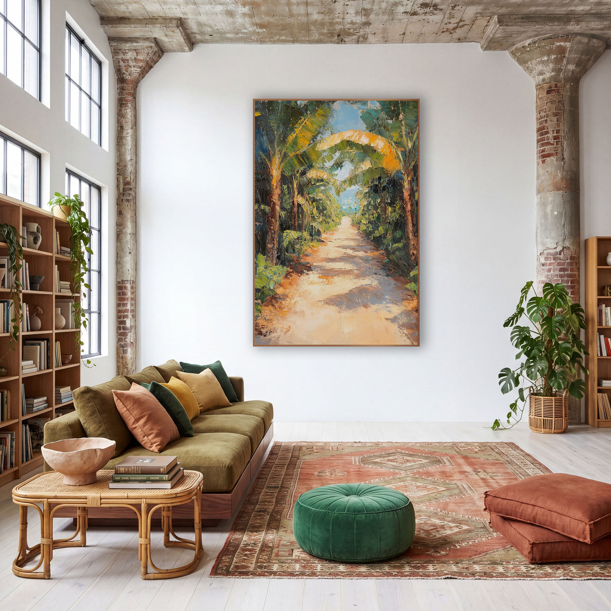 Sunlit Banana Grove Path Tropical wall art in a warm boho-style room – sandy path winding between banana trees
