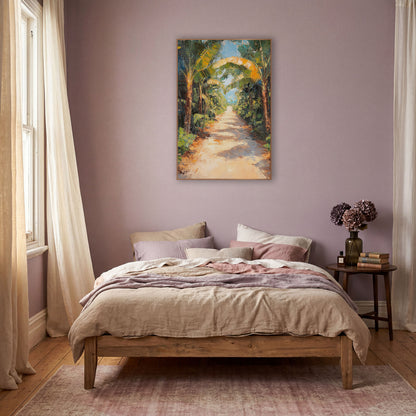 Sunlit Banana Grove Path Tropical wall art in a warm boho-style room – sandy path winding between banana trees