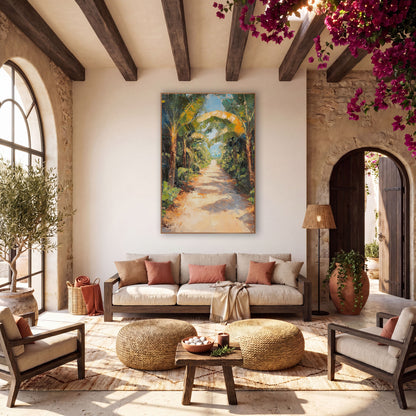 Sunlit Banana Grove Path Tropical wall art in a warm boho-style room – sandy path winding between banana trees