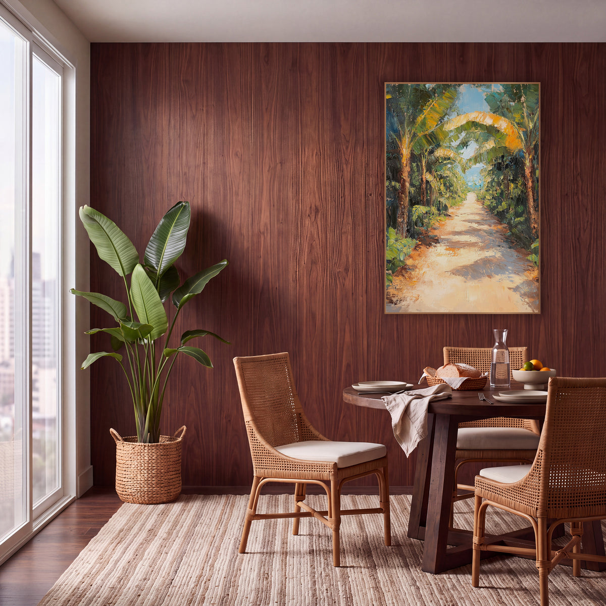 Sunlit Banana Grove Path Tropical wall art in a warm boho-style room – sandy path winding between banana trees