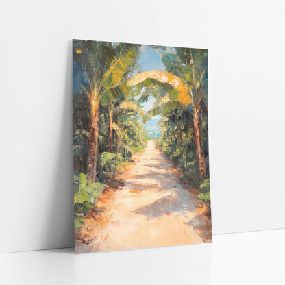 Sunlit Banana Grove Path Tropical art print leaning against a white wall – sandy path winding between banana trees