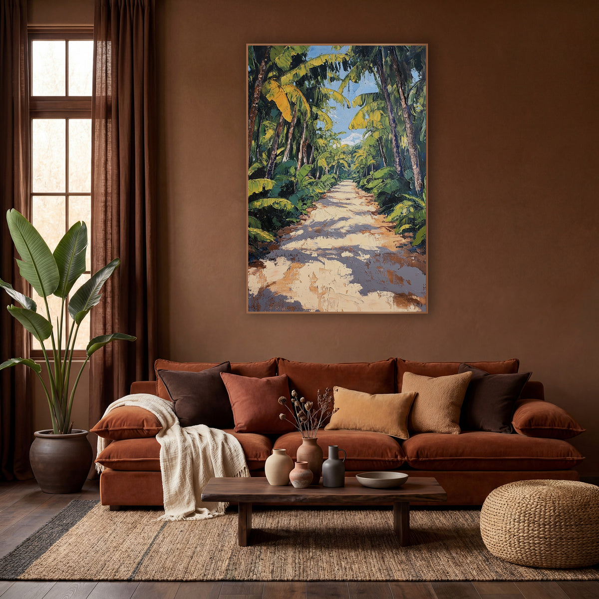 Sunlit Tropical Path Boho wall art in a warm boho-style room – sandy path with dappled shadows between tall banana