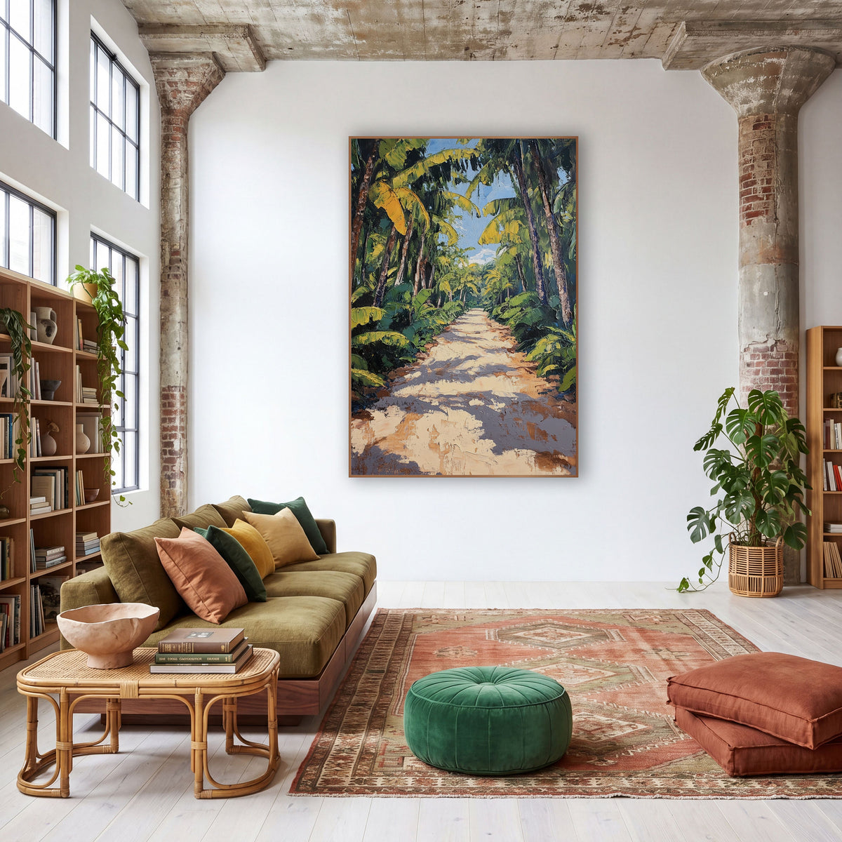 Sunlit Tropical Path Boho wall art in a warm boho-style room – sandy path with dappled shadows between tall banana