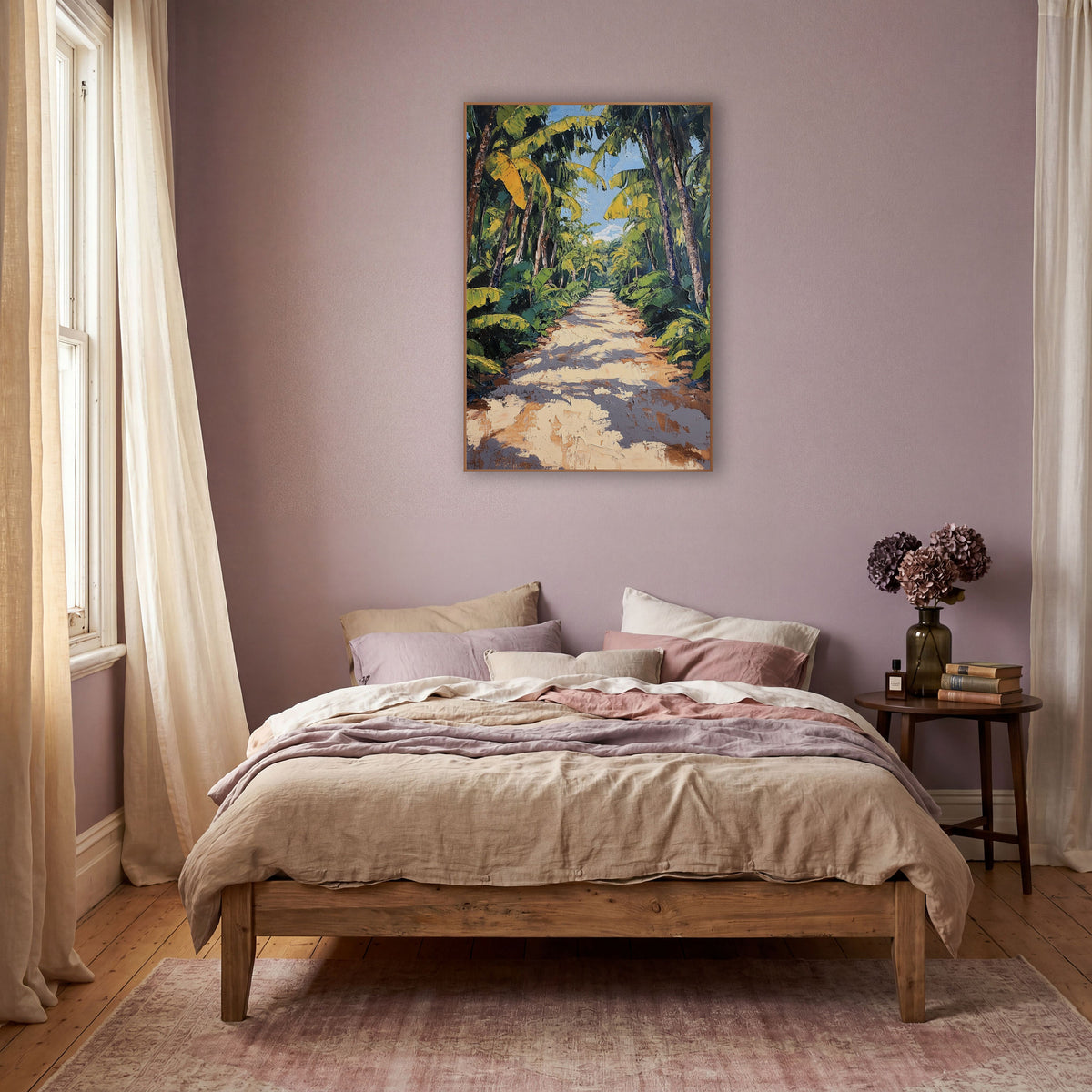 Sunlit Tropical Path Boho wall art in a warm boho-style room – sandy path with dappled shadows between tall banana