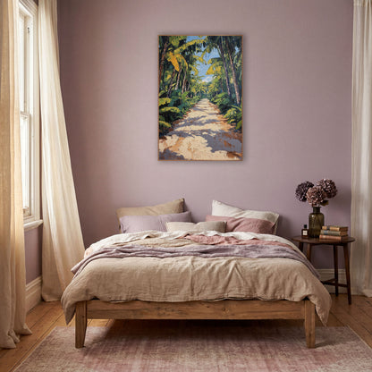 Sunlit Tropical Path Boho wall art in a warm boho-style room – sandy path with dappled shadows between tall banana