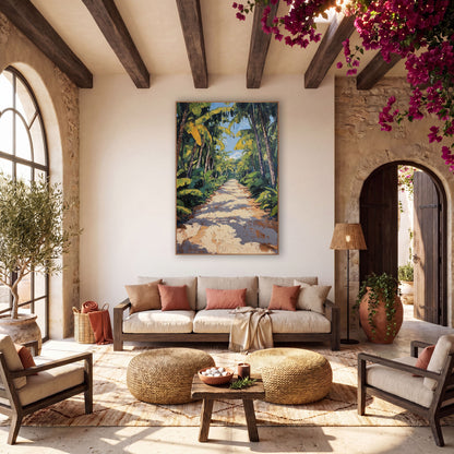 Sunlit Tropical Path Boho wall art in a warm boho-style room – sandy path with dappled shadows between tall banana