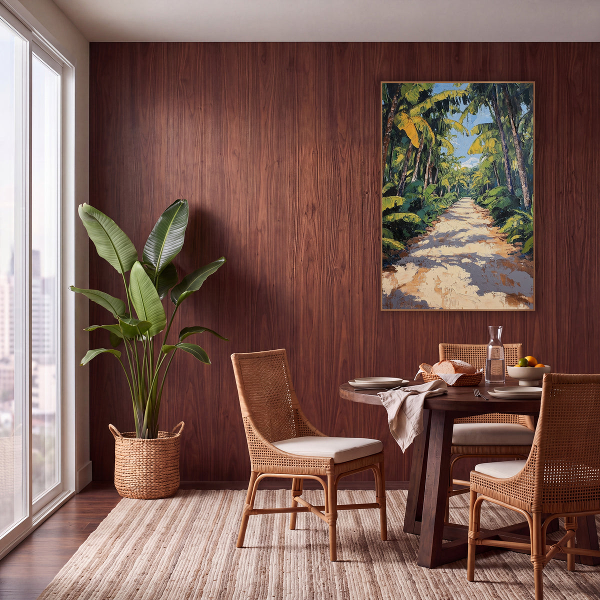 Sunlit Tropical Path Boho wall art in a warm boho-style room – sandy path with dappled shadows between tall banana