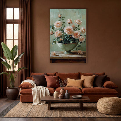Blush Garden Rose Bowl Still Life wall art in a warm boho-style room – blush peach garden roses in a pale green footed