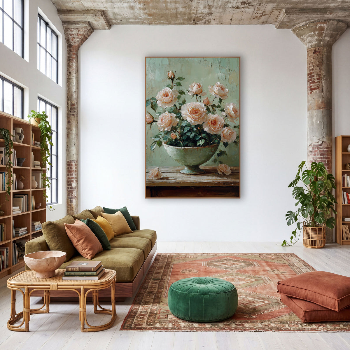 Blush Garden Rose Bowl Still Life wall art in a warm boho-style room – blush peach garden roses in a pale green footed