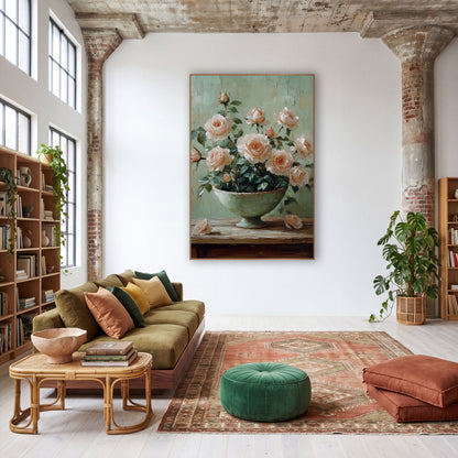 Blush Garden Rose Bowl Still Life wall art in a warm boho-style room – blush peach garden roses in a pale green footed