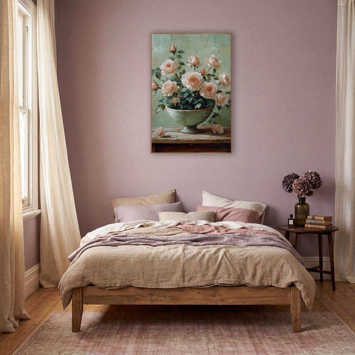 Blush Garden Rose Bowl Still Life wall art in a warm boho-style room – blush peach garden roses in a pale green footed