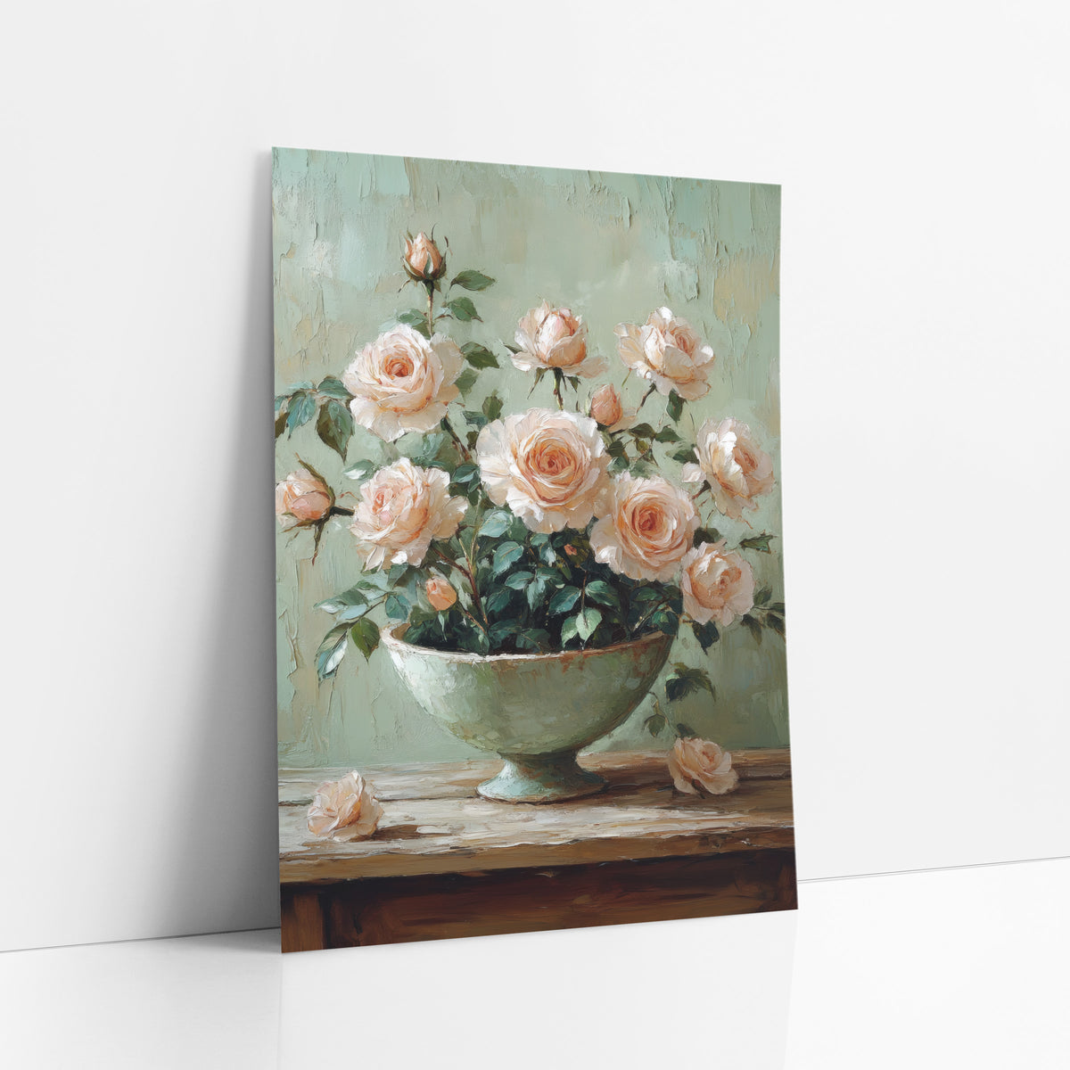 Blush Garden Rose Bowl Still Life art print leaning against a white wall – blush peach garden roses in a pale green footed