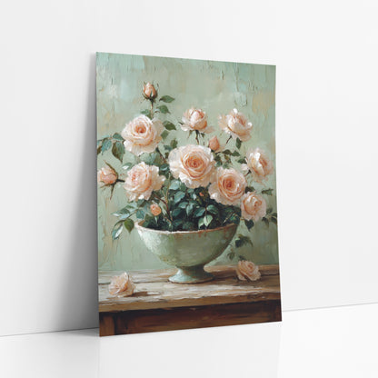 Blush Garden Rose Bowl Still Life art print leaning against a white wall – blush peach garden roses in a pale green footed