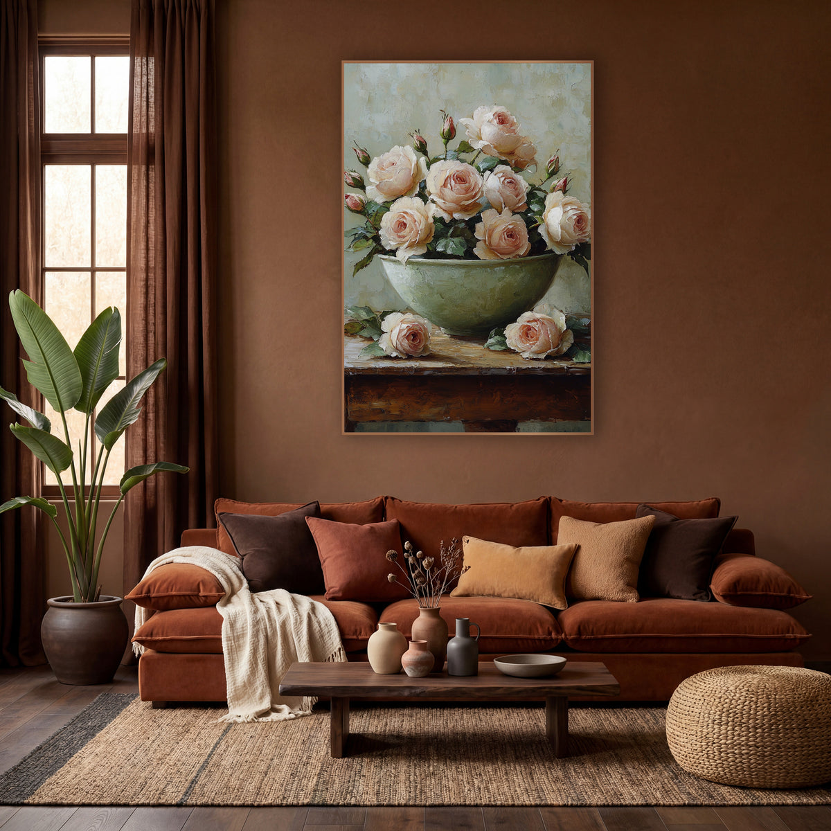 Blush Garden Roses Still Life wall art in a warm boho-style room – blush pink garden roses and rosebuds in a sage