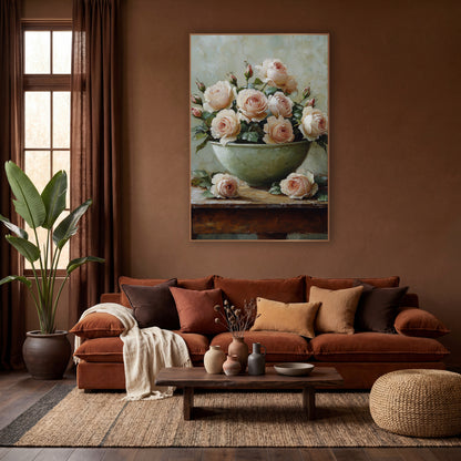 Blush Garden Roses Still Life wall art in a warm boho-style room – blush pink garden roses and rosebuds in a sage