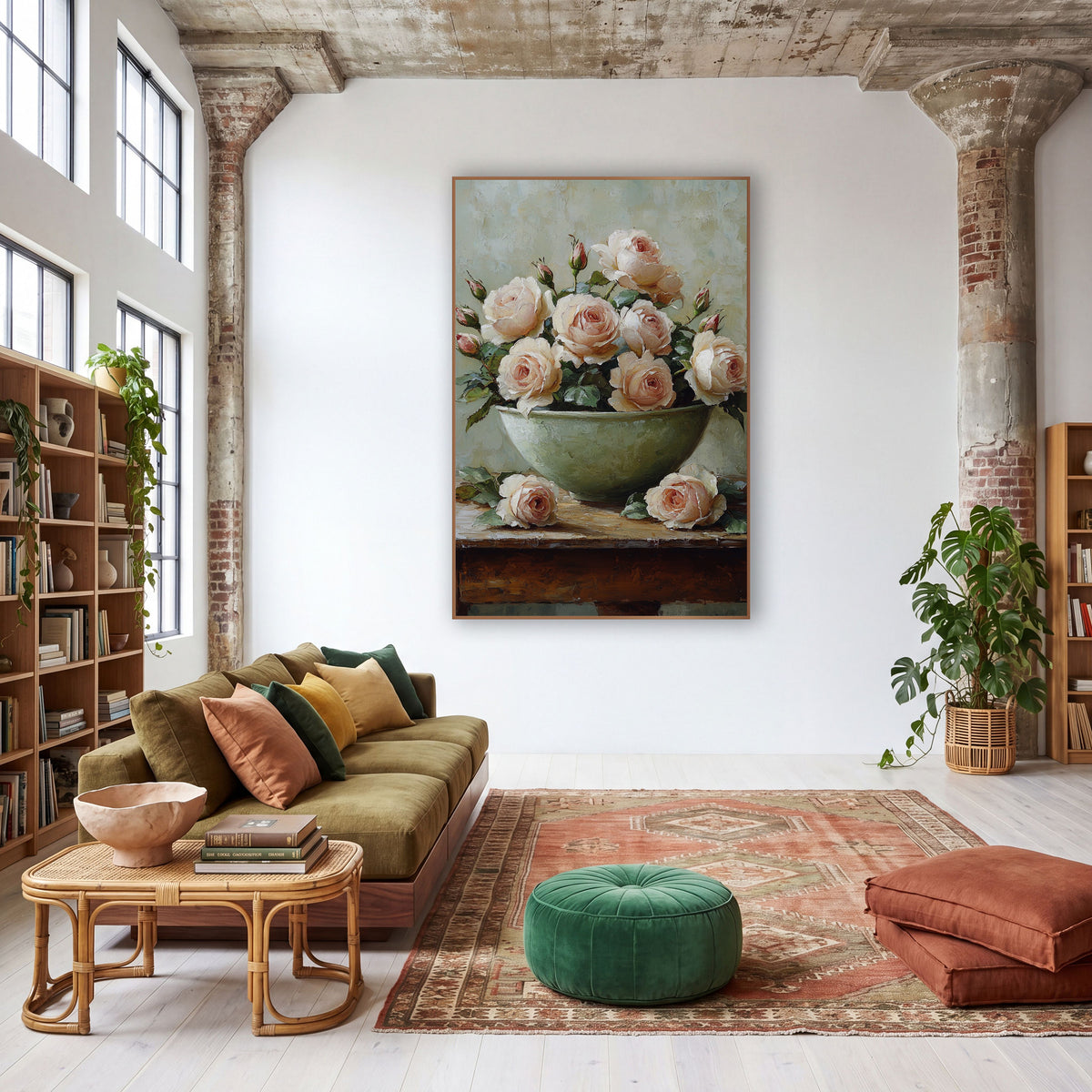 Blush Garden Roses Still Life wall art in a warm boho-style room – blush pink garden roses and rosebuds in a sage