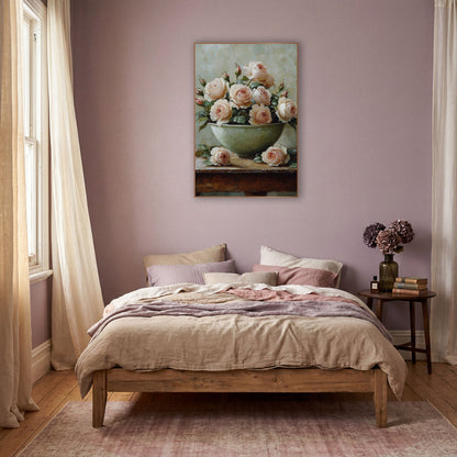 Blush Garden Roses Still Life wall art in a warm boho-style room – blush pink garden roses and rosebuds in a sage