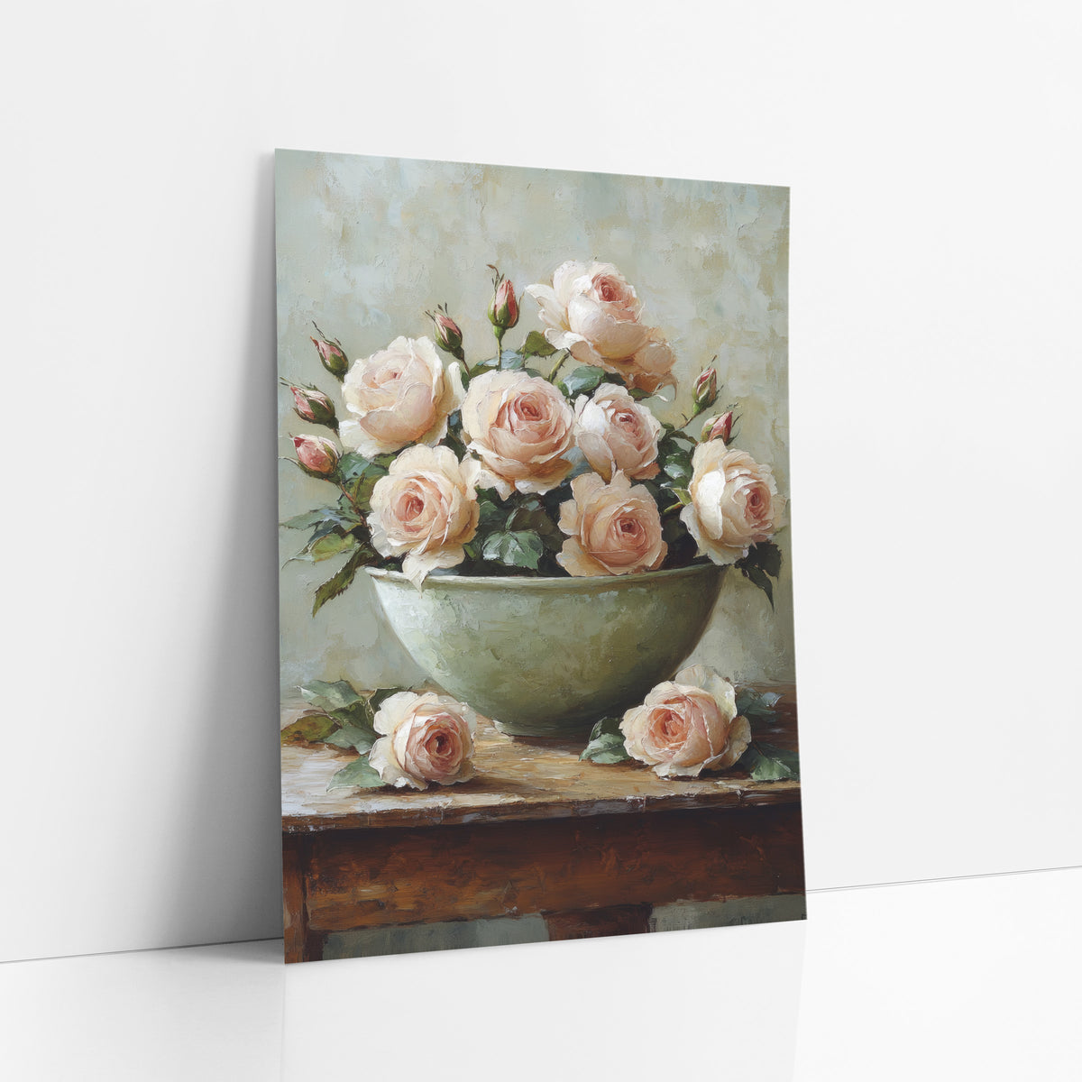 Blush Garden Roses Still Life art print leaning against a white wall – blush pink garden roses and rosebuds in a sage green