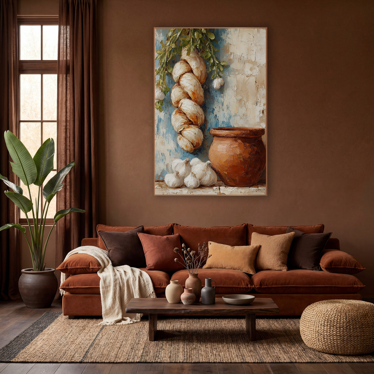 Garlic Braid Clay Pot Kitchen wall art in a warm boho-style room – still life of a hanging garlic braid