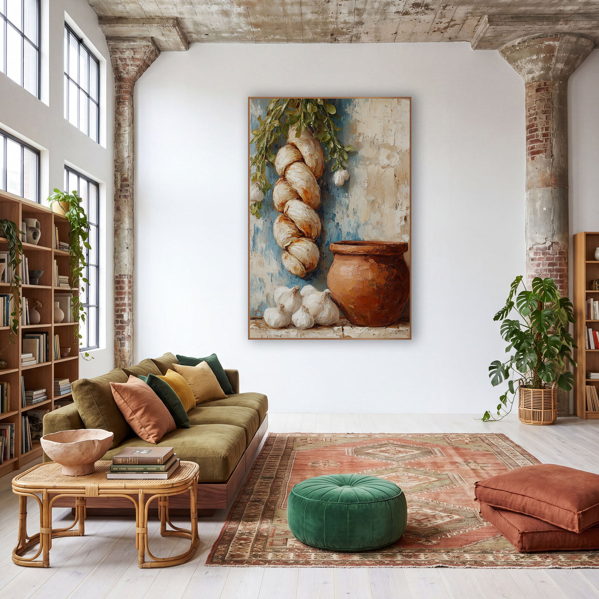 Garlic Braid Clay Pot Kitchen wall art in a warm boho-style room – still life of a hanging garlic braid