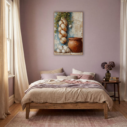 Garlic Braid Clay Pot Kitchen wall art in a warm boho-style room – still life of a hanging garlic braid