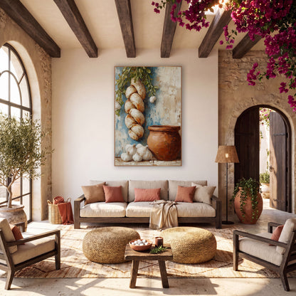 Garlic Braid Clay Pot Kitchen wall art in a warm boho-style room – still life of a hanging garlic braid
