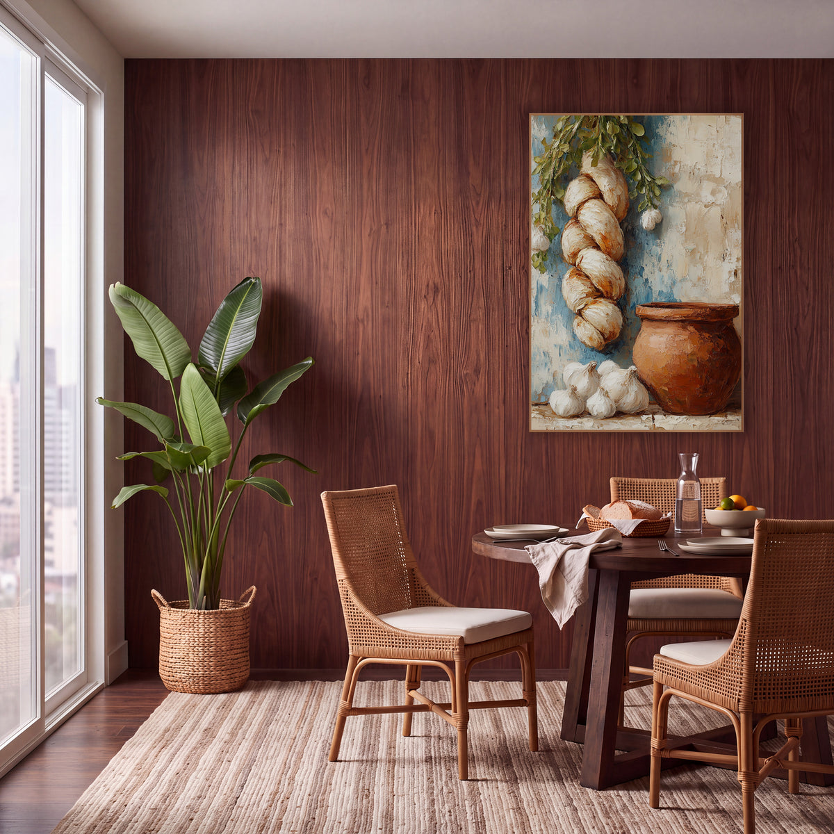 Garlic Braid Clay Pot Kitchen wall art in a warm boho-style room – still life of a hanging garlic braid
