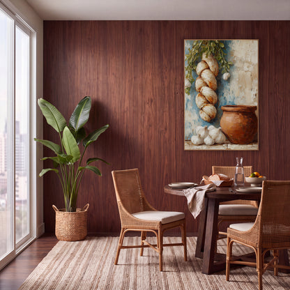 Garlic Braid Clay Pot Kitchen wall art in a warm boho-style room – still life of a hanging garlic braid