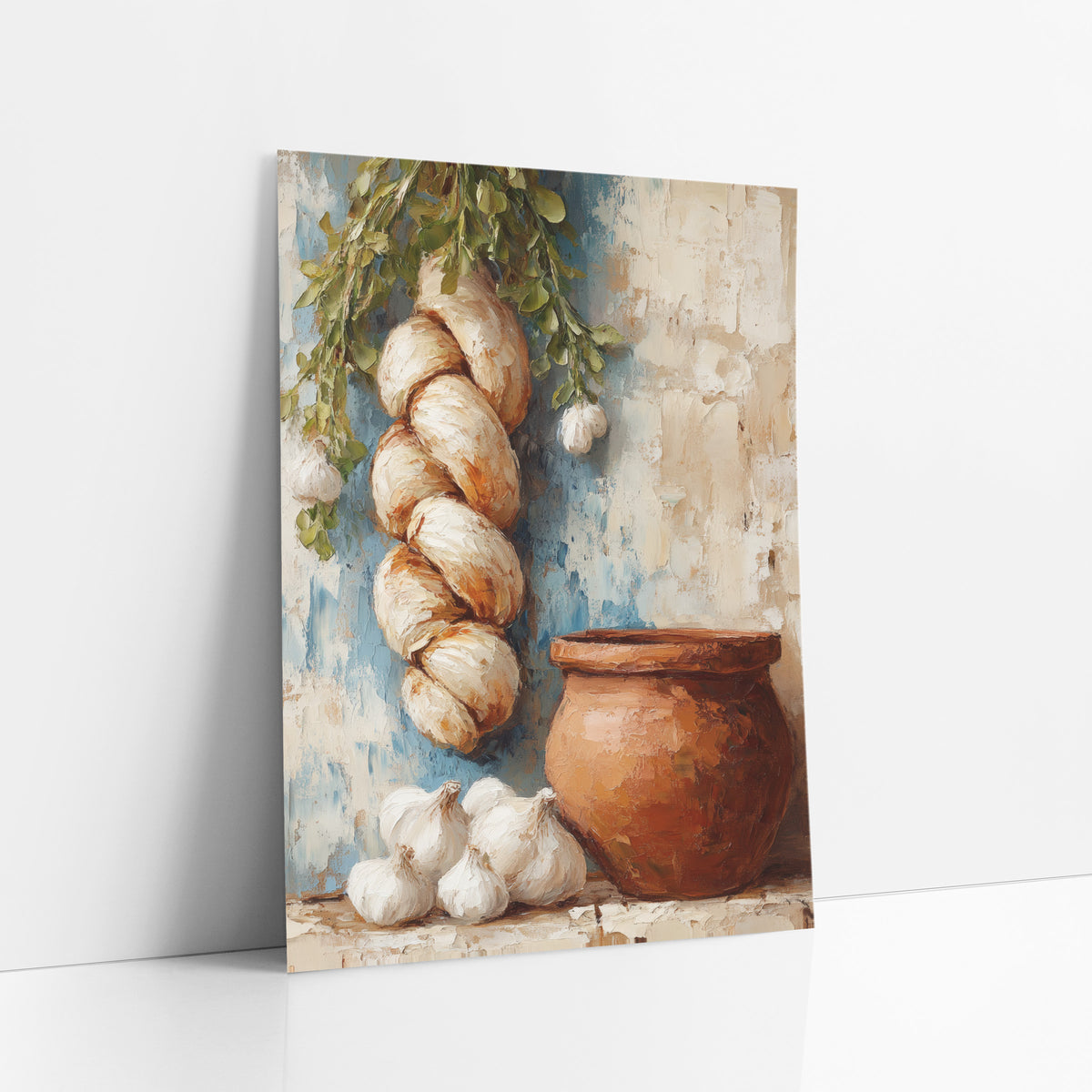 Garlic Braid Clay Pot Kitchen art print leaning against a white wall – still life of a hanging garlic braid