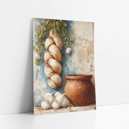 Garlic Braid Clay Pot Kitchen art print leaning against a white wall – still life of a hanging garlic braid