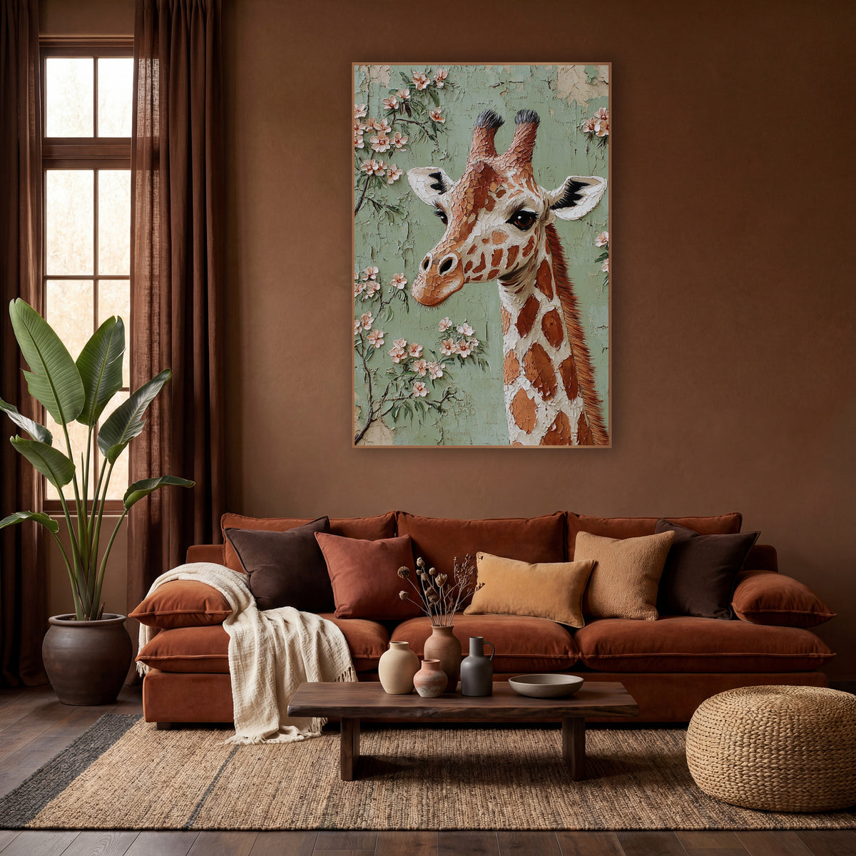 Blossom Giraffe Portrait Boho wall art in a warm boho-style room – giraffe head and neck beside branches of pink