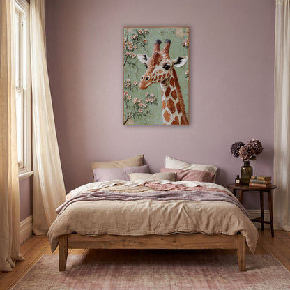 Blossom Giraffe Portrait Boho wall art in a warm boho-style room – giraffe head and neck beside branches of pink