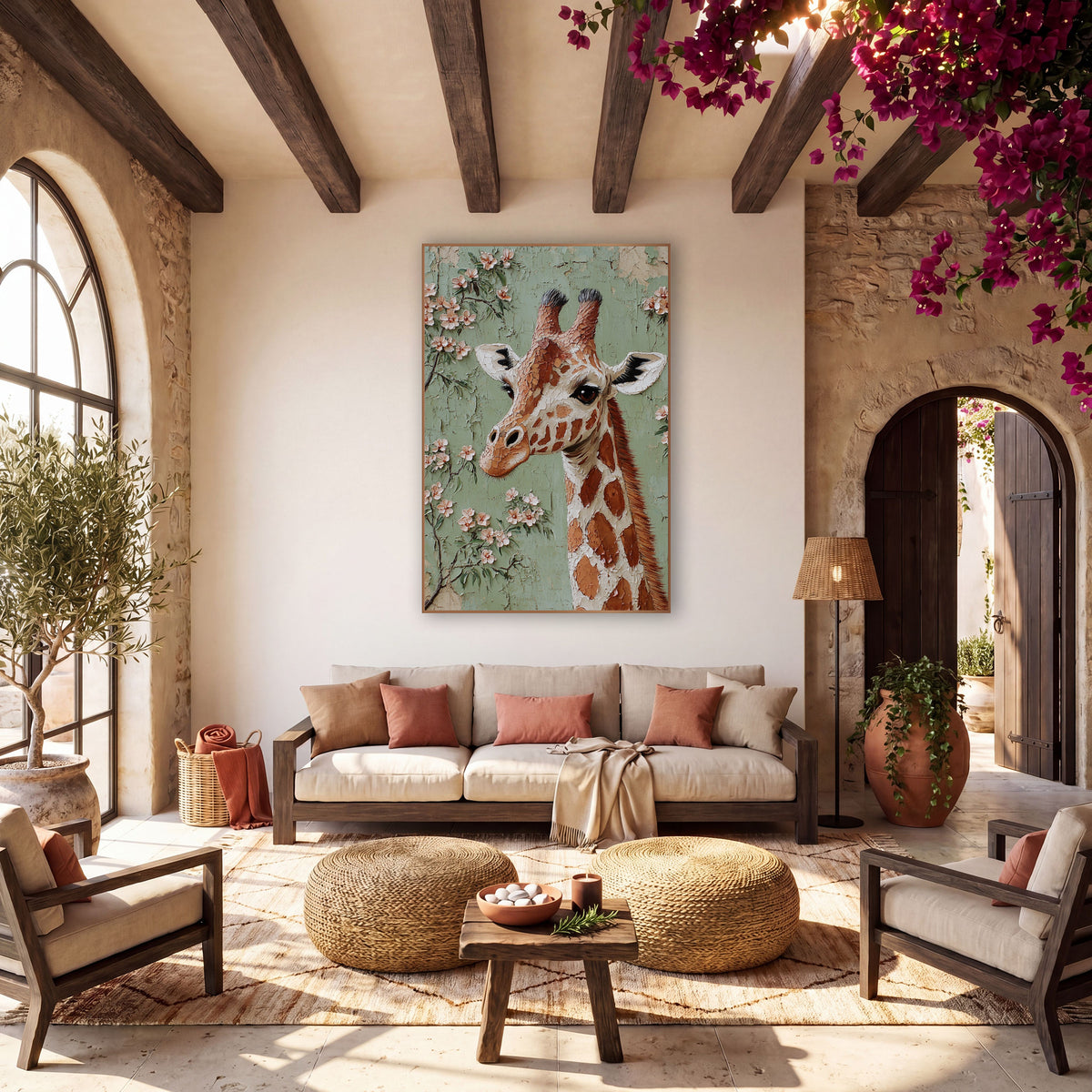 Blossom Giraffe Portrait Boho wall art in a warm boho-style room – giraffe head and neck beside branches of pink