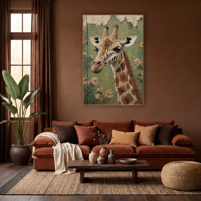 Giraffe Portrait Floral Boho Wildlife wall art in a warm boho-style room – giraffe head and neck in profile with peach