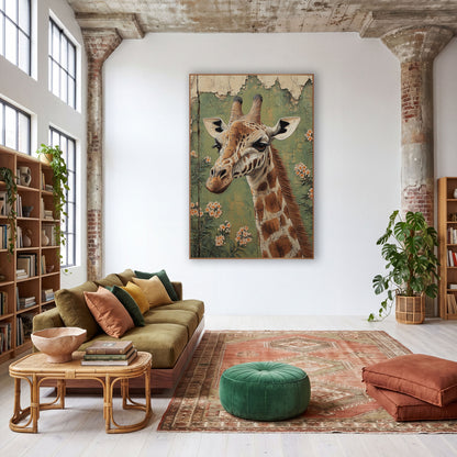 Giraffe Portrait Floral Boho Wildlife wall art in a warm boho-style room – giraffe head and neck in profile with peach
