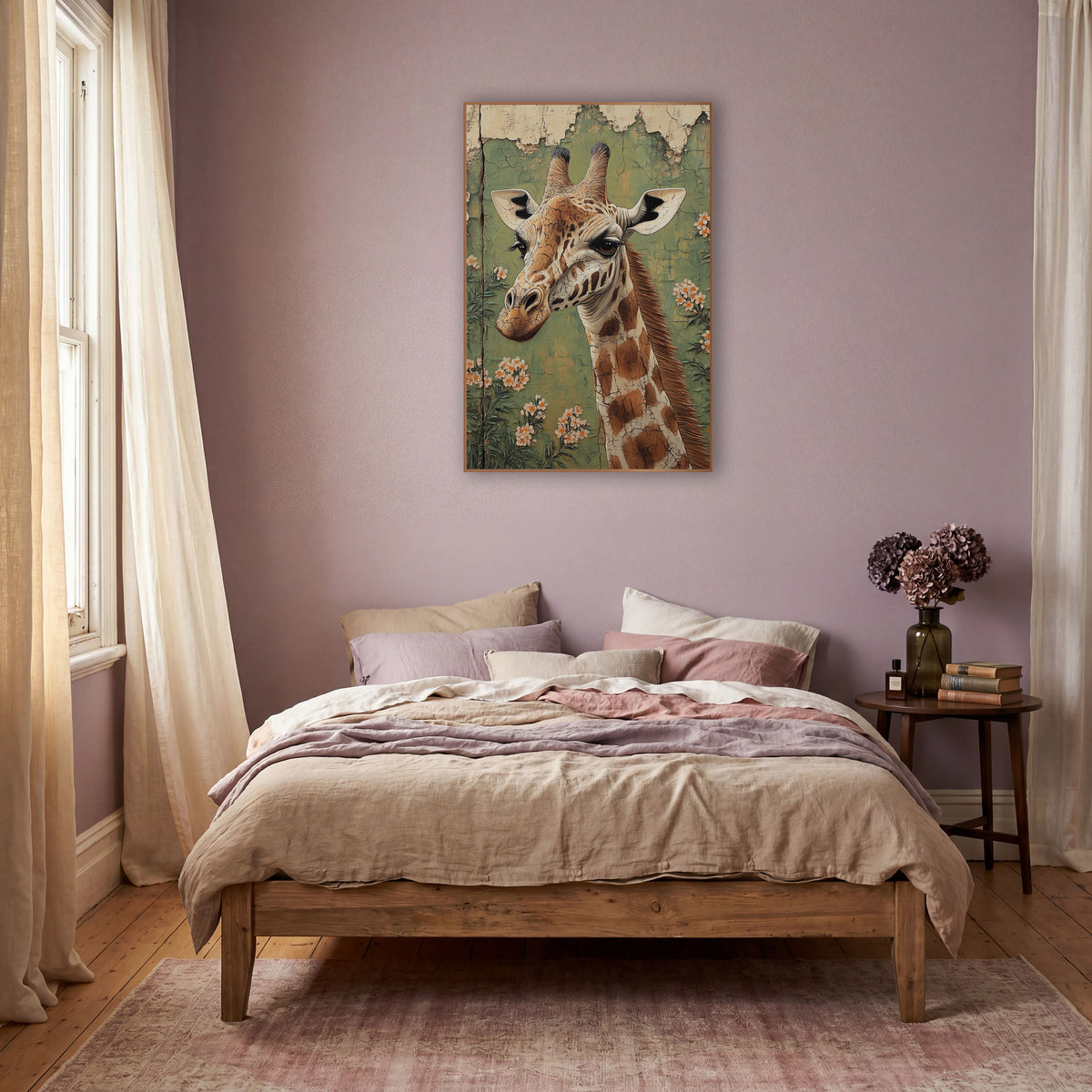Giraffe Portrait Floral Boho Wildlife wall art in a warm boho-style room – giraffe head and neck in profile with peach