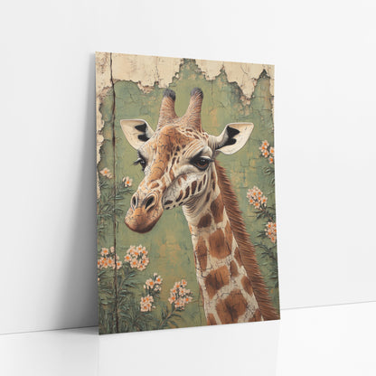 Giraffe Portrait Floral Boho Wildlife art print leaning against a white wall – giraffe head and neck in profile with peach
